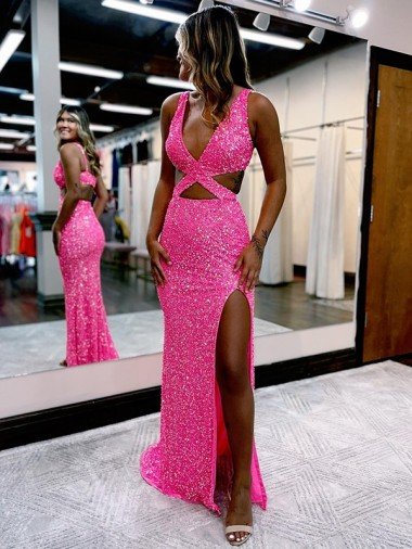 Long V-Neck Sleeveless Sweep Train Velvet Sequin Prom Dress with High Slit Bristol