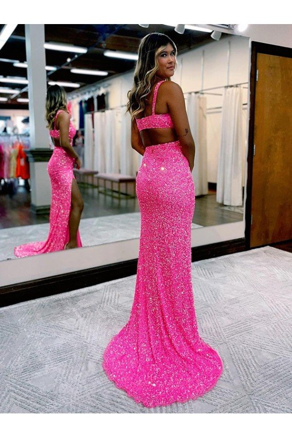 Long V-Neck Sleeveless Sweep Train Velvet Sequin Prom Dress with High Slit Bristol