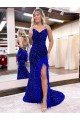 V-Neck Sleeveless Long Velvet Sequin Royal Blue Prom Dress with Side Slit Bristol