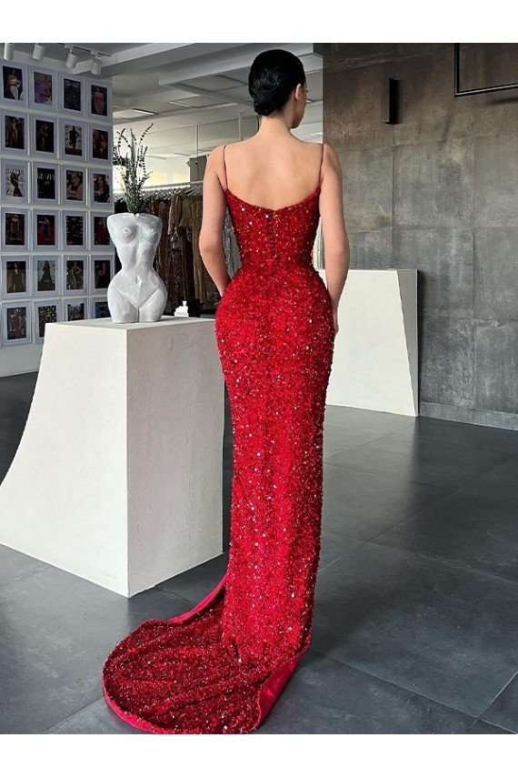 V-Neck Sleeveless Long Sweep Train Velvet Sequin Prom Dress with High Side Slit Bristol