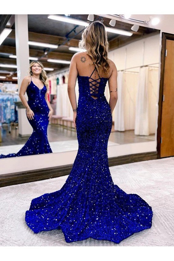 Mermaid V-Neck Sleeveless Long Court Train Velvet Sequin Prom Dress Bristol