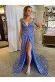 A-Line V-Neck Sleeveless Long Court Train Velvet Sequin Prom Dress with High Slit Bristol
