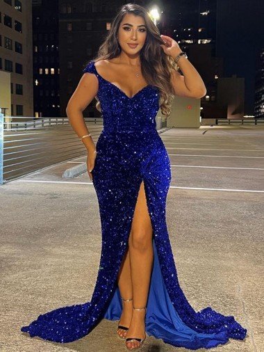 V-Neck Sleeveless Long Sweep Train Velvet Sequin Prom Dress with Slit Bristol