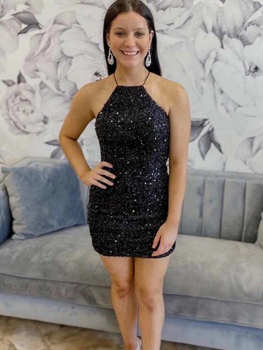 Halter Sleeveless Short Velvet Sequin Homecoming Dress / Prom Dress Bristol