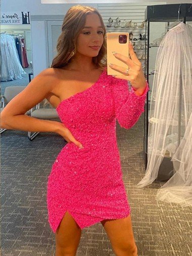 Short Velvet Sequin One Shoulder Long Sleeves Homecoming Dress / Prom Dress Bristol