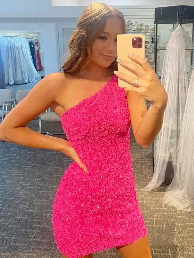 Short One Shoulder Sleeveless Velvet Sequin Homecoming Dress / Prom Dress Bristol