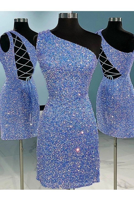 Short Velvet Sequin One Shoulder Sleeveless Homecoming Dress / Prom Dress Bristol