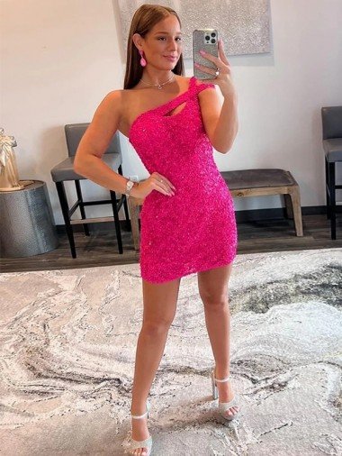 Velvet Sequin One Shoulder Sleeveless Short Homecoming Dress / Prom Dress Bristol