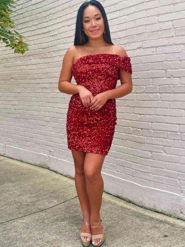 Short One Shoulder Sleeveless Velvet Sequin Cocktail Homecoming Dress / Prom Dress Bristol