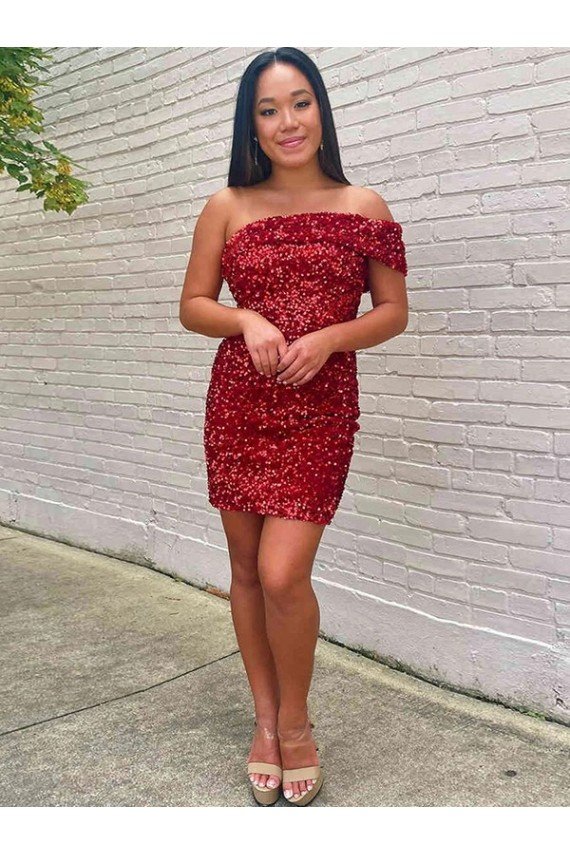 Short One Shoulder Sleeveless Velvet Sequin Cocktail Homecoming Dress / Prom Dress Bristol