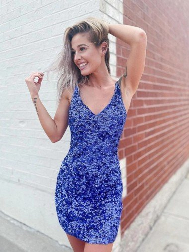Short Velvet Sequin V-Neck Sleeveless Homecoming Dress / Prom Dress Bristol