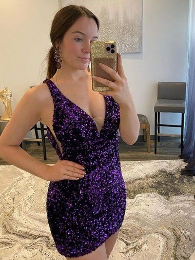 V-Neck Sleeveless Short Velvet Sequin Homecoming Dress / Prom Dress Bristol