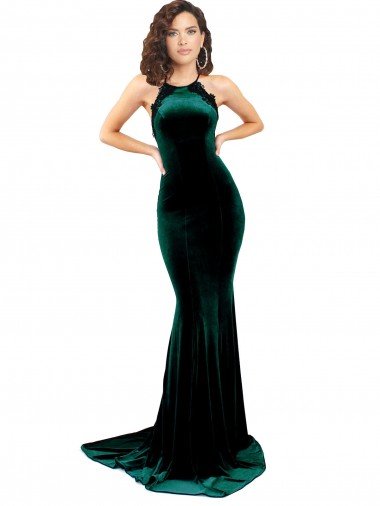 High Neck Formal Stretch Velvet Bridesmaid Dress / Prom Dress with Black Lace Embroidery Bristol