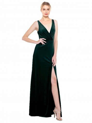 Sleek V-Neck Long Formal Velvet Bridesmaid Dress / Prom Dress with Side Slit Bristol