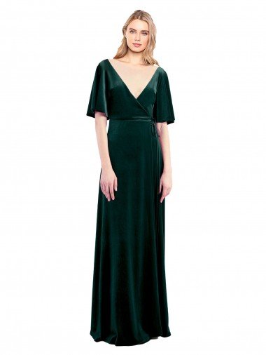 Deep V-Neck Flutter Sleeves Long Velvet Wrap Bridesmaid Dress / Prom Dress Bristol