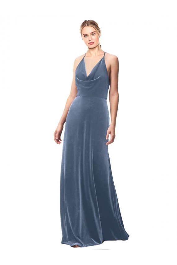 Halter Cowl Neck Long A-Line Velvet Bridesmaid Dress / Prom Dress with Keyhole Back Bristol