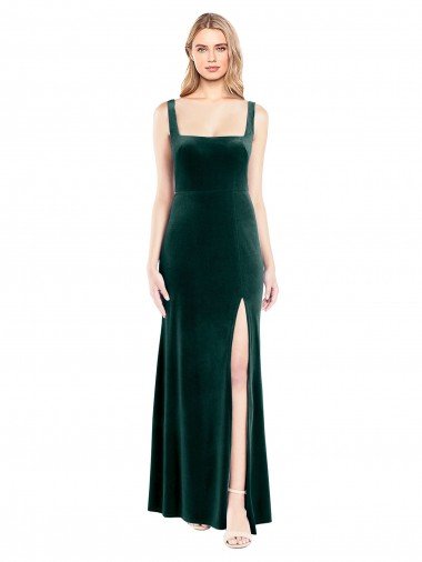 Square Neck Full Length Velvet Bridesmaid Dress / Prom Dress with Side Slit Bristol