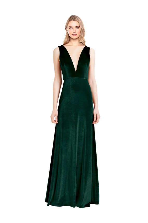 Daring Deep V-Neck Long Full Length Formal Velvet Bridesmaid Dress / Prom Dress Bristol