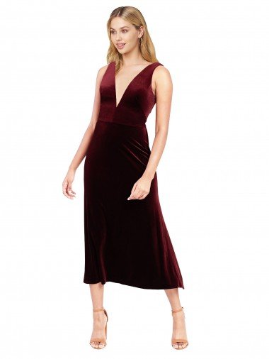 Daring Plunging V-Neckline Short Midi Cocktail Length Velvet Bridesmaid Dress / Prom Dress Bristol