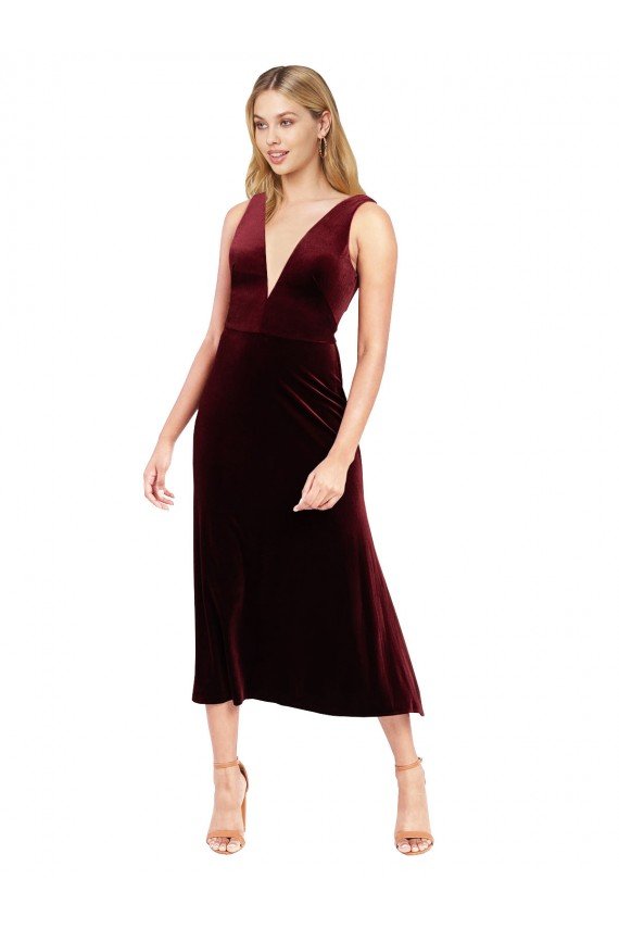 Daring Plunging V-Neckline Short Midi Cocktail Length Velvet Bridesmaid Dress / Prom Dress Bristol