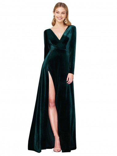 Deep V-Neck Long Sleeves Formal Velvet Bridesmaid Dress / Prom Dress with High Side Split Bristol