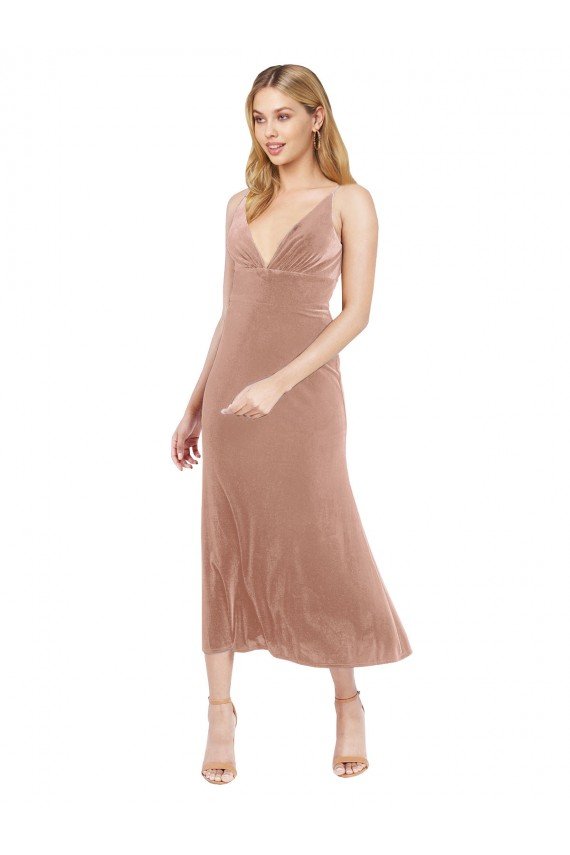 Midi Cocktail Length Short V-Neck Velvet Bridesmaid Dress / Prom Dress with Notched Neckline Bristol