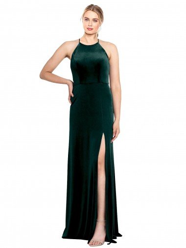 Long Jewel Neck Full Length Velvet Bridesmaid Dress / Prom Dress with Side Slit Bristol