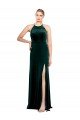 Long Jewel Neck Full Length Velvet Bridesmaid Dress / Prom Dress with Side Slit Bristol