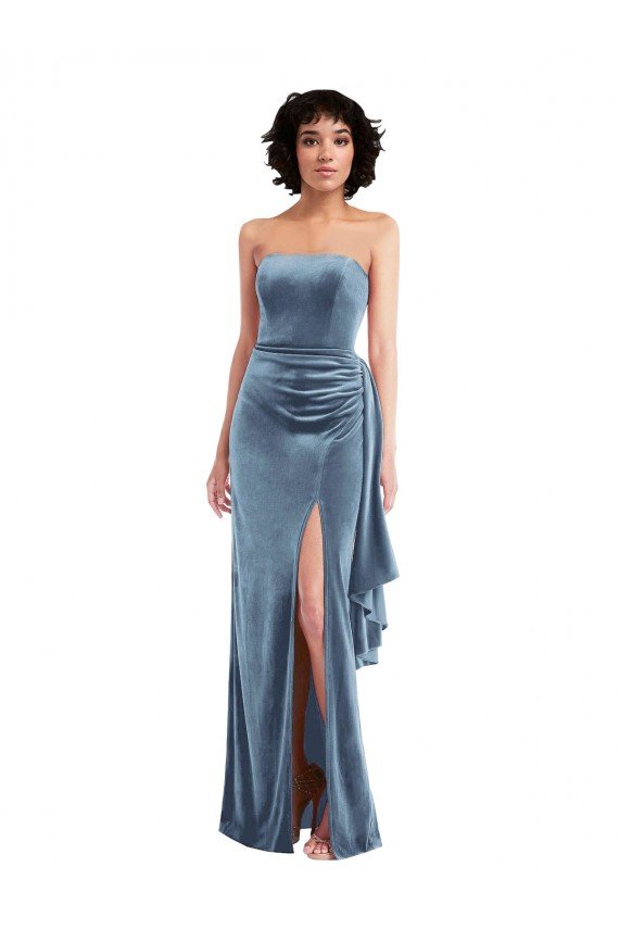 Strapless Formal Velvet Maxi Bridesmaid Dress / Prom Dress with Draped Skirt Bristol