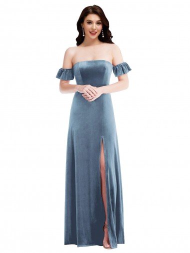 Ruffle Sleeve Off the Shoulder Velvet Maxi Bridesmaid Dress / Prom Dress Bristol