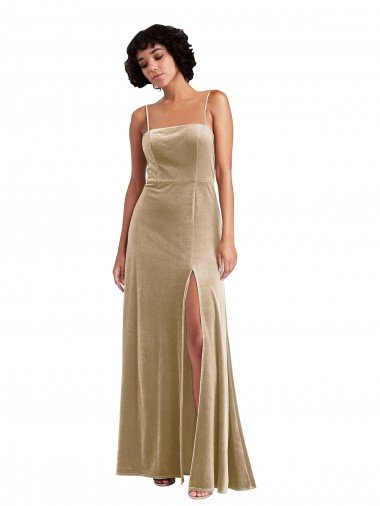 Square Neck Formal Velvet Maxi Bridesmaid Dress / Prom Dress with Front Slit Bristol