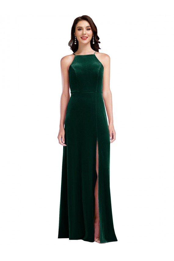 Velvet Halter Maxi Bridesmaid Dress / Prom Dress with Front Slit Bristol