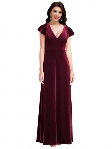 Flutter Sleeve Velvet Maxi Bridesmaid Dress / Prom Dress with Pockets Bristol