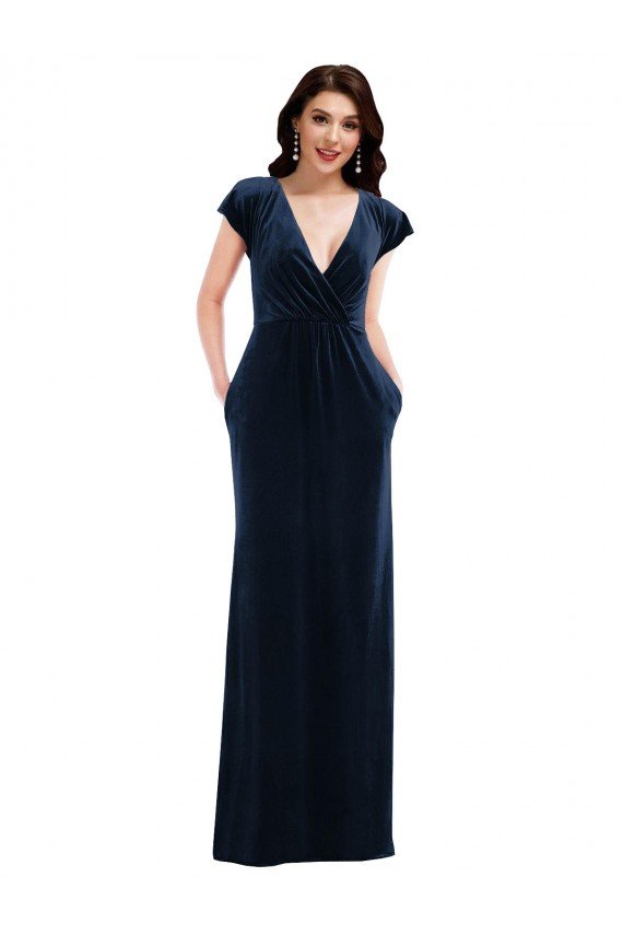 Flutter Sleeve Wrap Bodice Formal Velvet Maxi Bridesmaid Dress / Prom Dress with Pockets Bristol