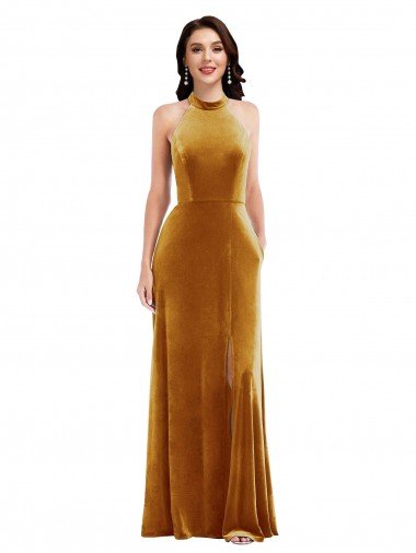 High-Neck Halter Velvet Maxi Bridesmaid Dress / Prom Dress with Front Slit Bristol
