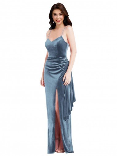 Spaghetti Strap Formal Velvet Maxi Bridesmaid Dress / Prom Dress with Draped Skirt Bristol