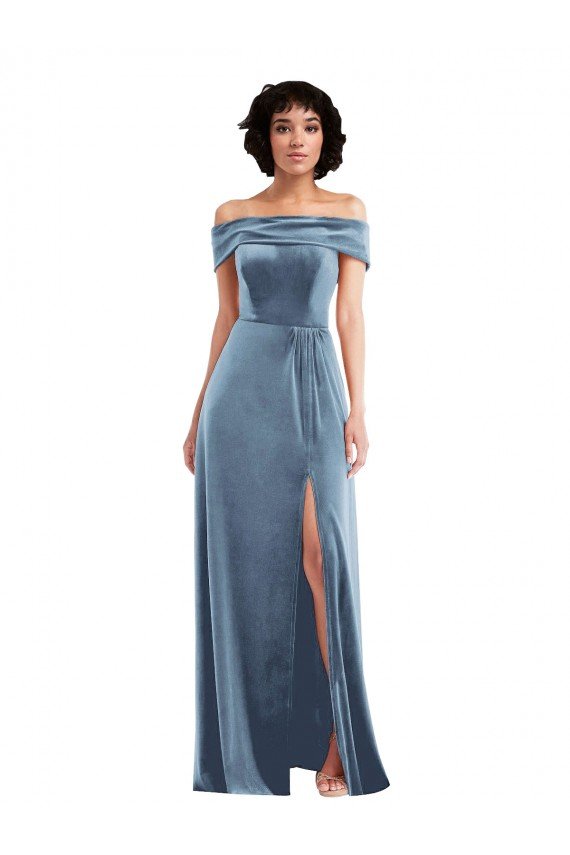 Draped Cuff Off the Shoulder Velvet Maxi Bridesmaid Dress / Prom Dress with Pockets Bristol