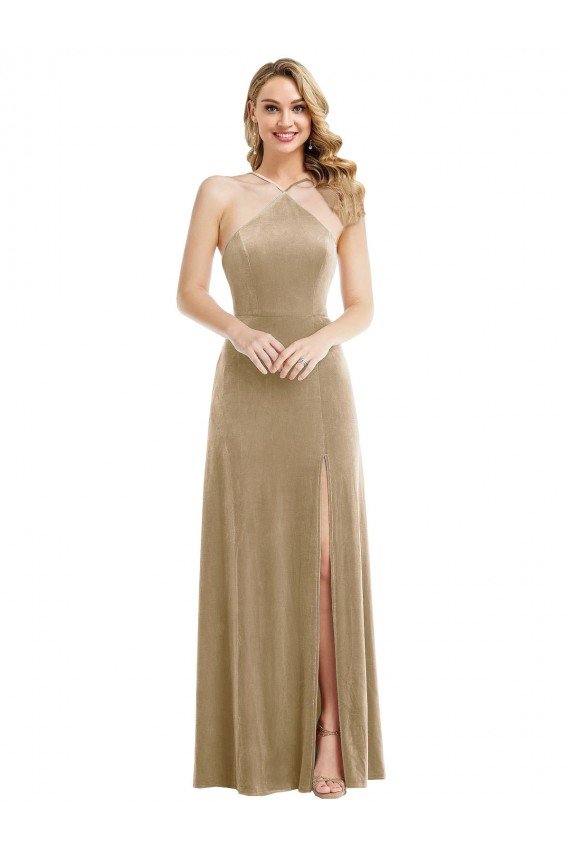 High Neck Halter Open Back Long Velvet Maxi Bridesmaid Dress / Prom Dress Bristol