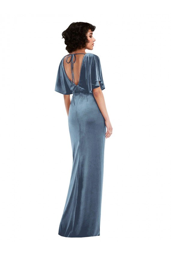 Flutter Sleeve Open Back Velvet Maxi Bridesmaid Dress / Prom Dress with Draped Wrap Skirt Bristol