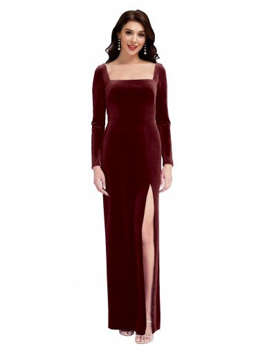 Sleek Square Neck Spaghetti Straps Velvet Bridesmaid Dress / Prom Dress with Side Slit Bristol