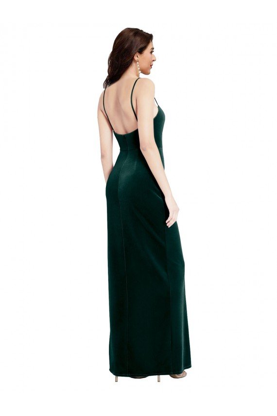 Straight Neckline Spaghetti Straps Long Velvet Bridesmaid Dress / Prom Dress with High Side Slit Bristol