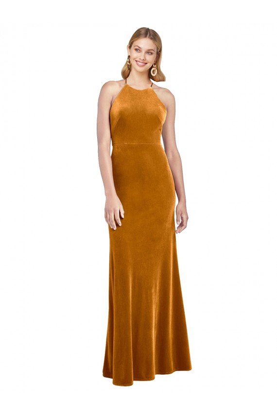 Halter Neckline Long Full Length Formal Velvet Bridesmaid Dress / Prom Dress with Strappy Back Bristol