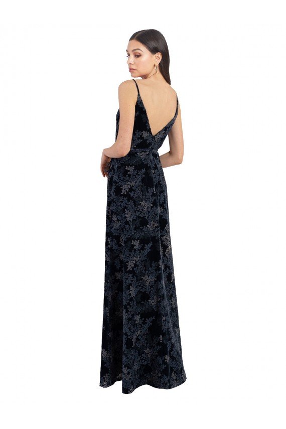 Floral Velvet Surplice V-Neck Long Bridesmaid Dress with V-Back Bristol