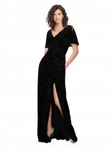 Split Sleeves V-Neck Floral Velvet Bridesmaid Dress with Front Slit Bristol