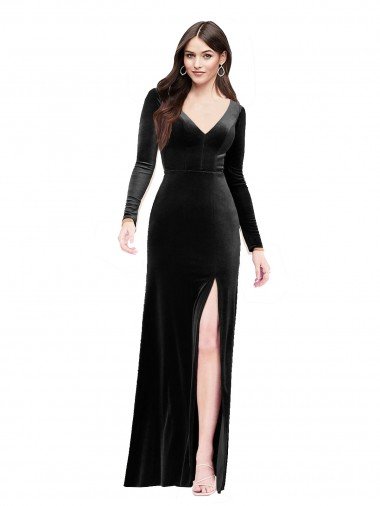 Long Sleeves Formal Velvet Bridesmaid Dress / Prom Dress with V-Neckline and Thigh Slit Bristol