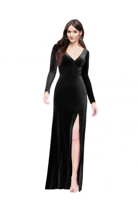 Long Sleeves Formal Velvet Bridesmaid Dress / Prom Dress with V-Neckline and Thigh Slit Bristol