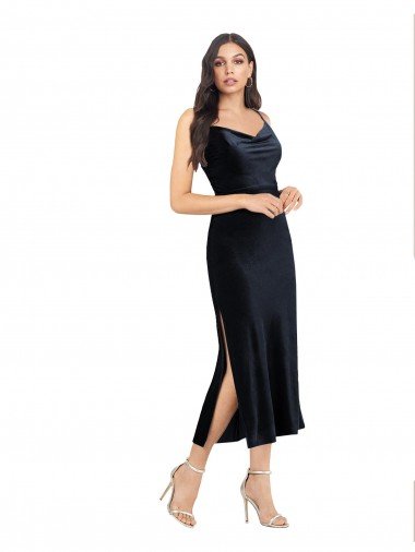 Midi Cocktail Length Formal Velvet Bridesmaid Dress / Prom Dress with Cowl Neck and Spaghetti Straps Bristol