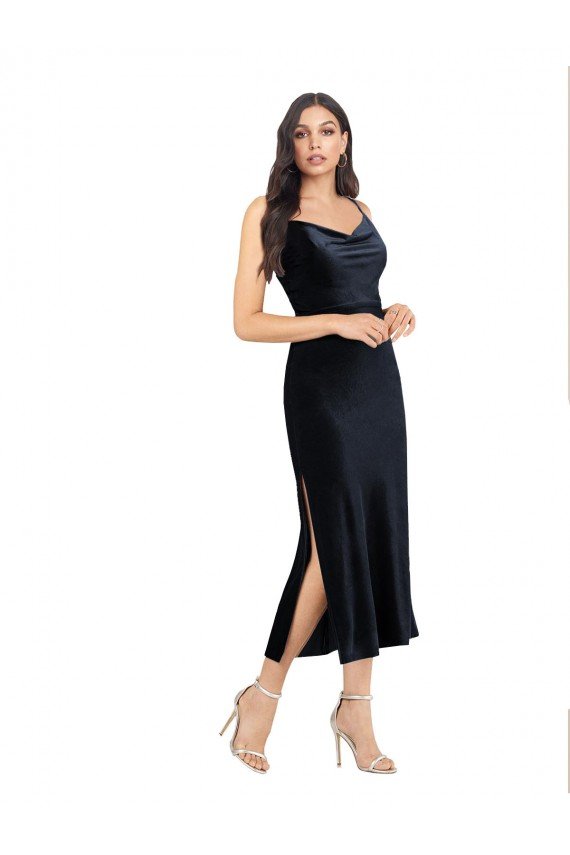 Midi Cocktail Length Formal Velvet Bridesmaid Dress / Prom Dress with Cowl Neck and Spaghetti Straps Bristol