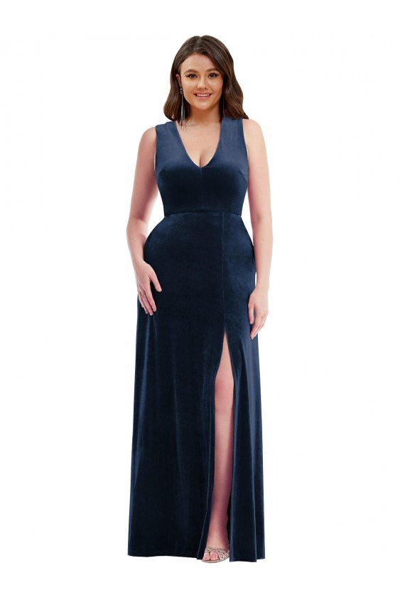Deep V-Neck Sleeveless Formal Velvet Maxi Bridesmaid Dress / Prom Dress with Pockets Bristol