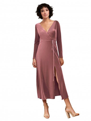 Long Sleeve Velvet Faux Wrap Midi Length Bridesmaid Dress / Prom Dress Bristol